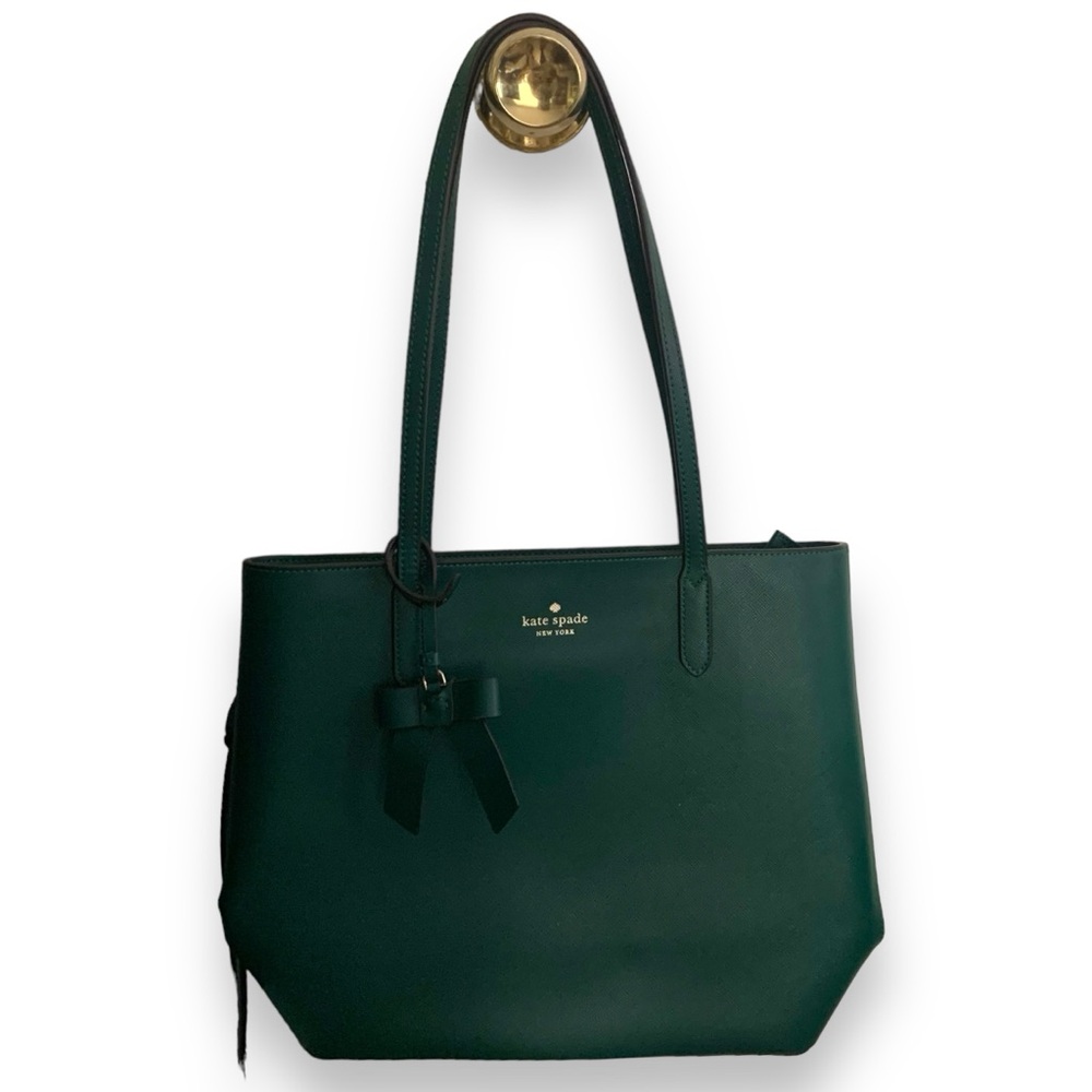 kate spade Brynn Leather Tote Bag With Bow Charm, Deep Jade like new